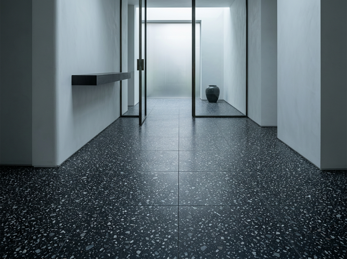 Charcoal Terrazzo tiles installed