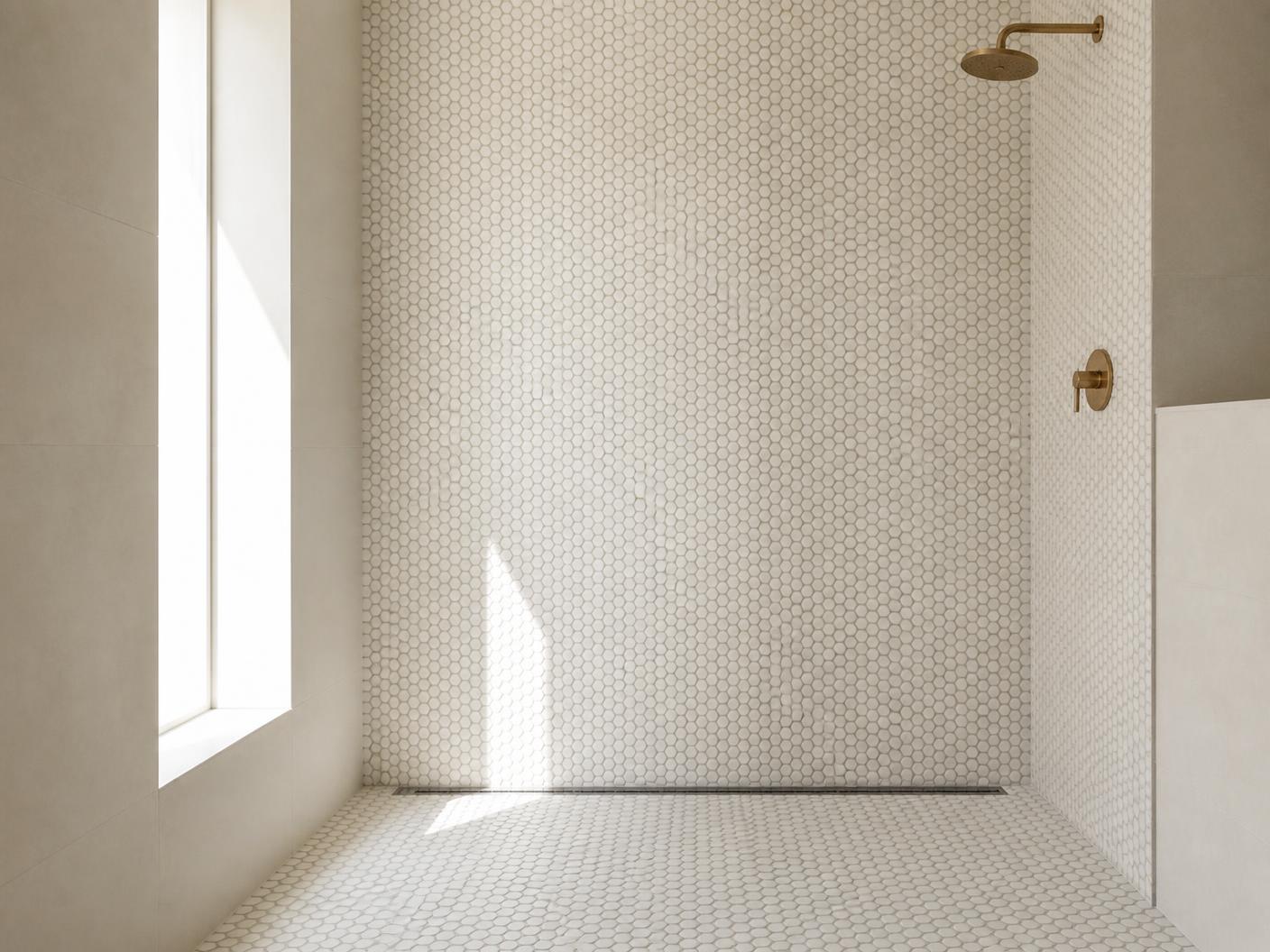 Penny Round White Mosaic tiles installed