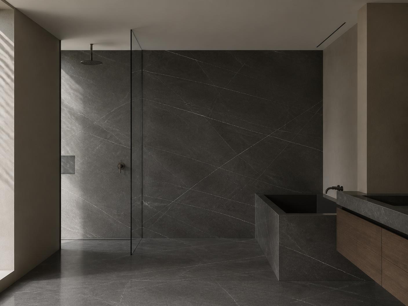 Pietra Grey Marble tiles installed