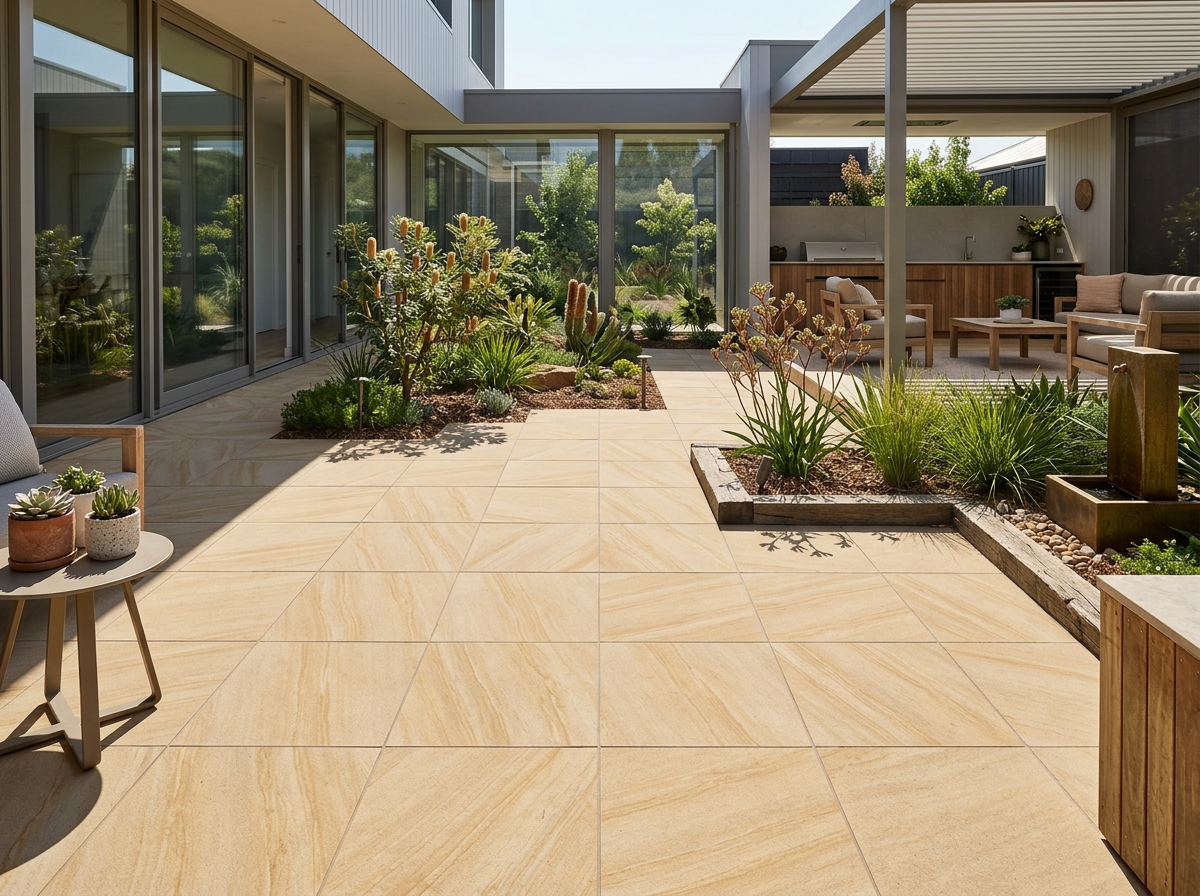 Sandstone Buff Paver tiles installed